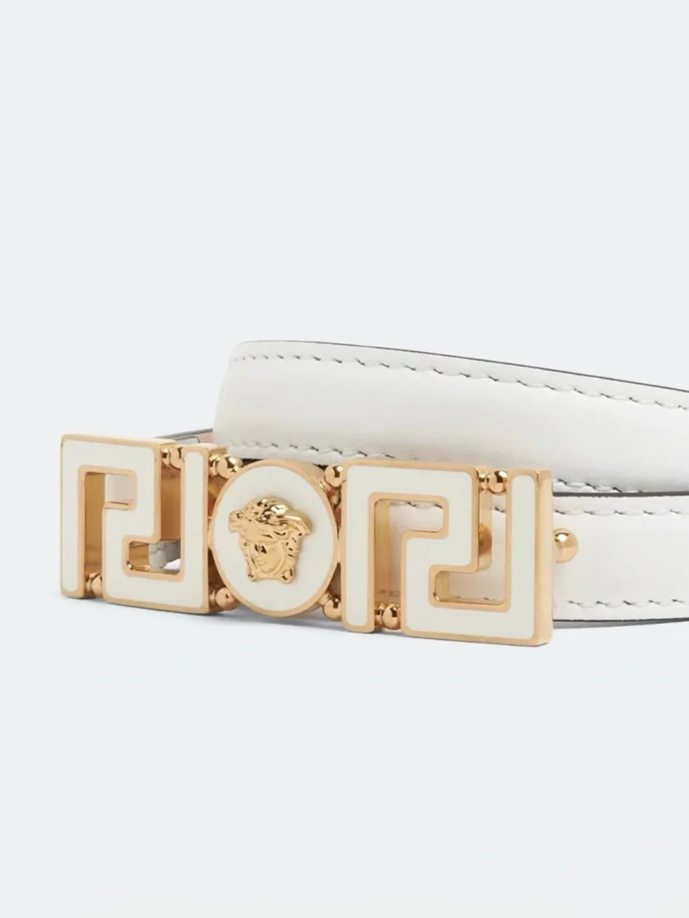 Versace Greca Goddess White Leather Belt with Gold Medusa Medallion Buckle